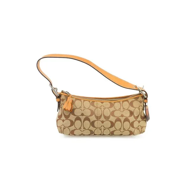 COACH Purse Vintage Tan Monogram Petite East West Demi Baguette Shoulder Bag - Picture 10 of 15